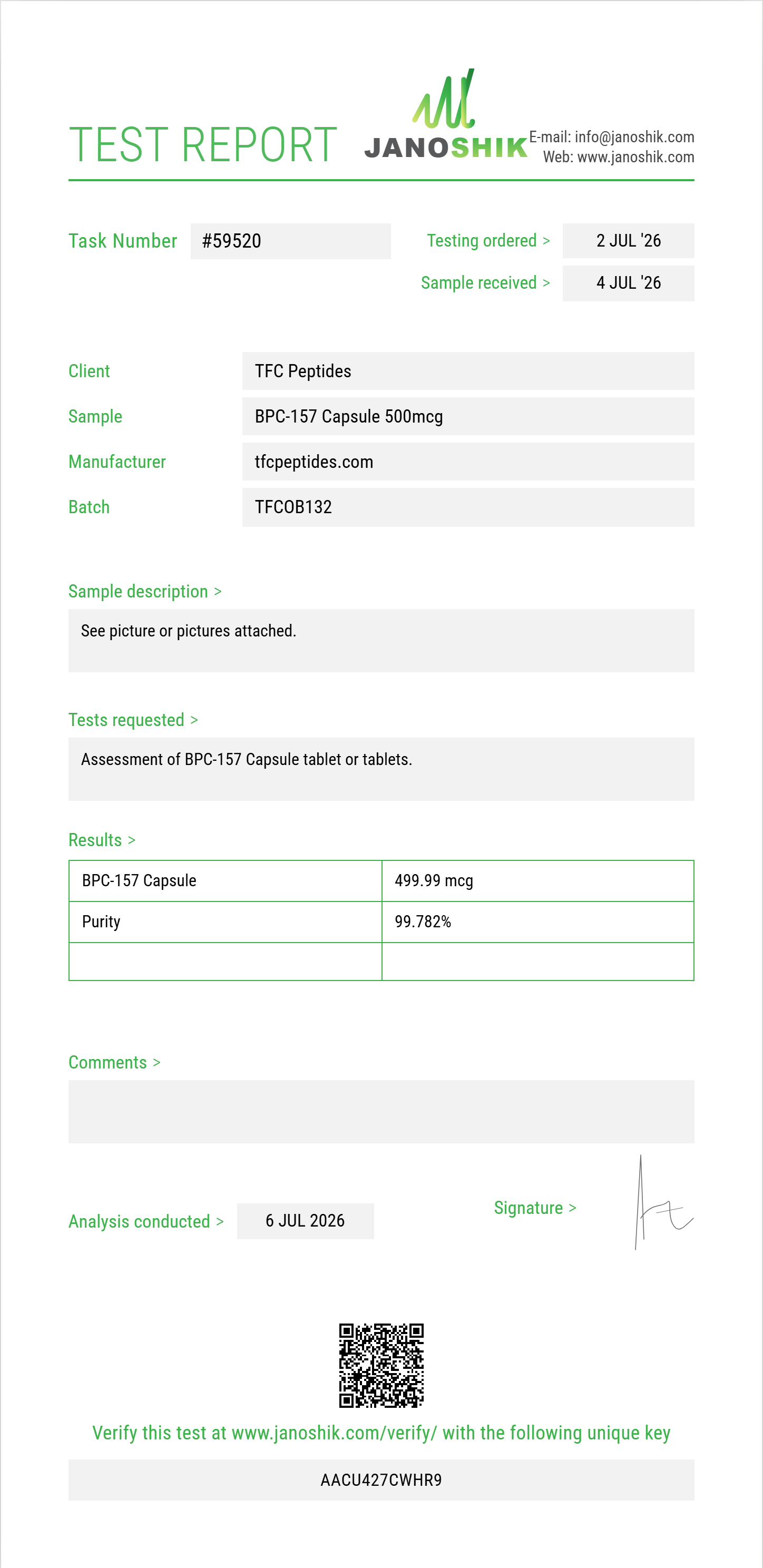 BPC-157 Capsule Purity (HPLC) report by Janoshik Analytical