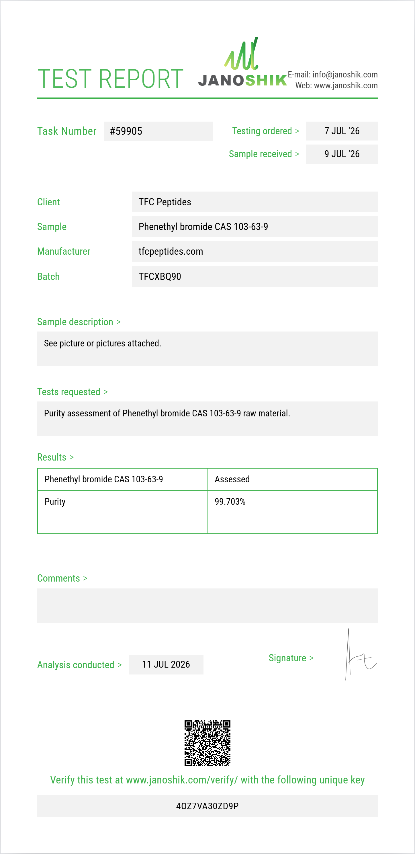 Phenethyl bromide (2-bromoethylbenzene) CAS 103-63-9 Purity (HPLC) report by Janoshik Analytical