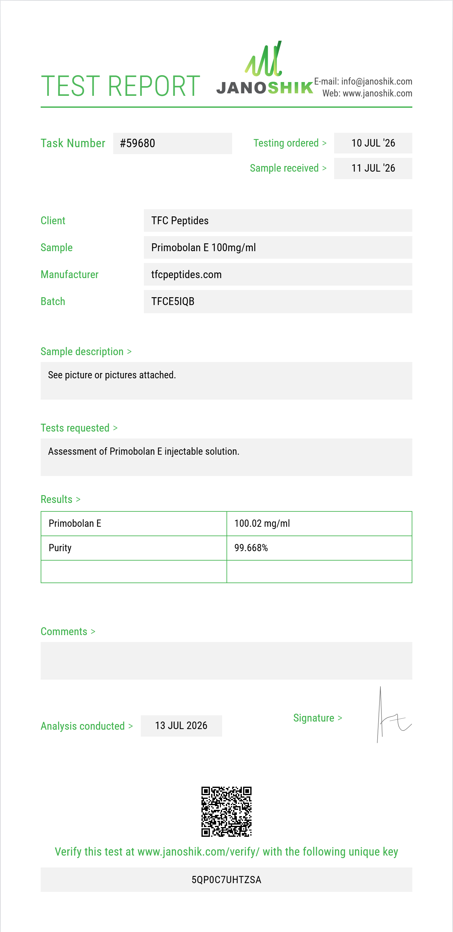 Primobolan E Purity (HPLC) report by Janoshik Analytical