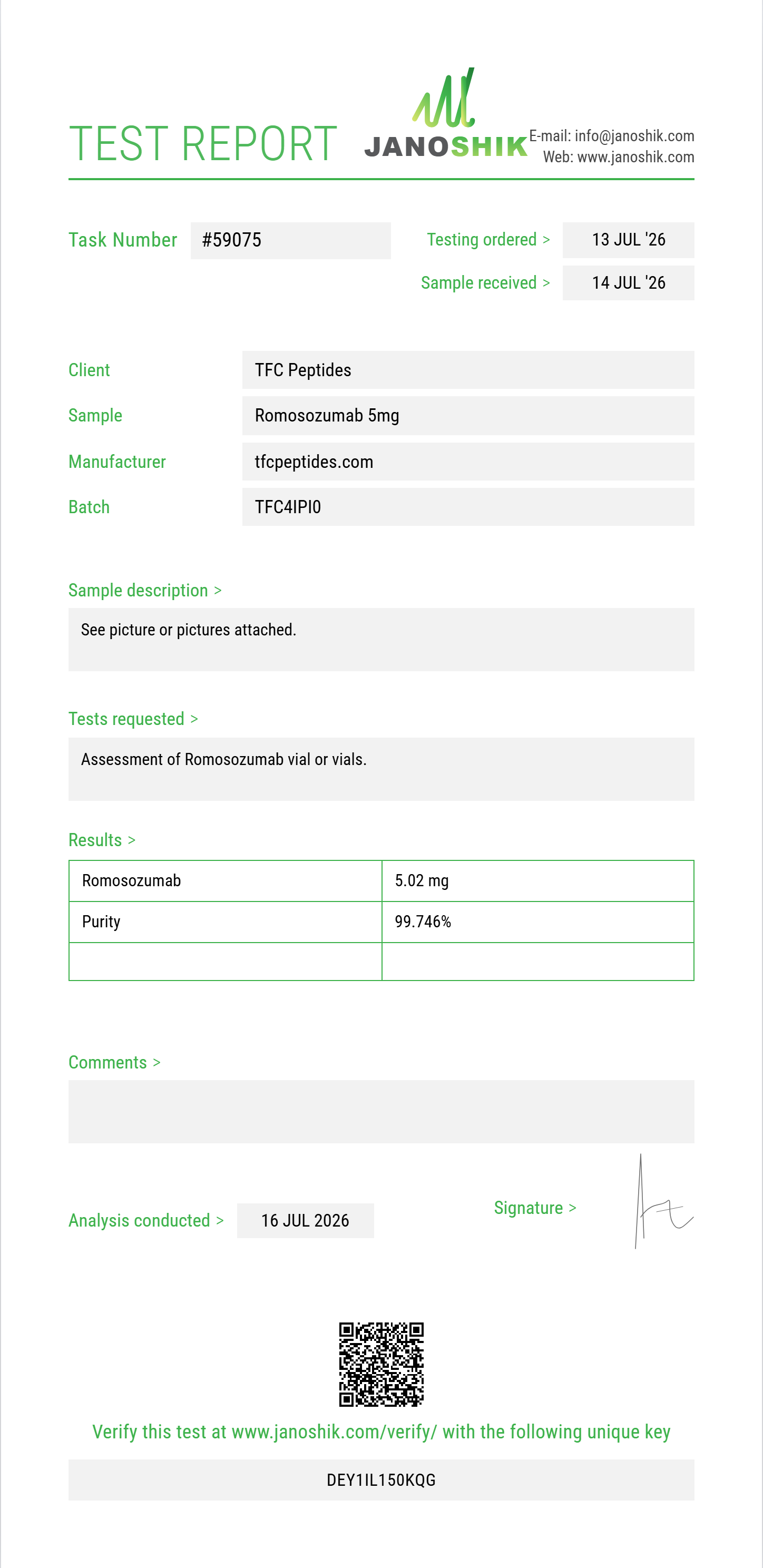 Romosozumab Purity (HPLC) report by Janoshik Analytical