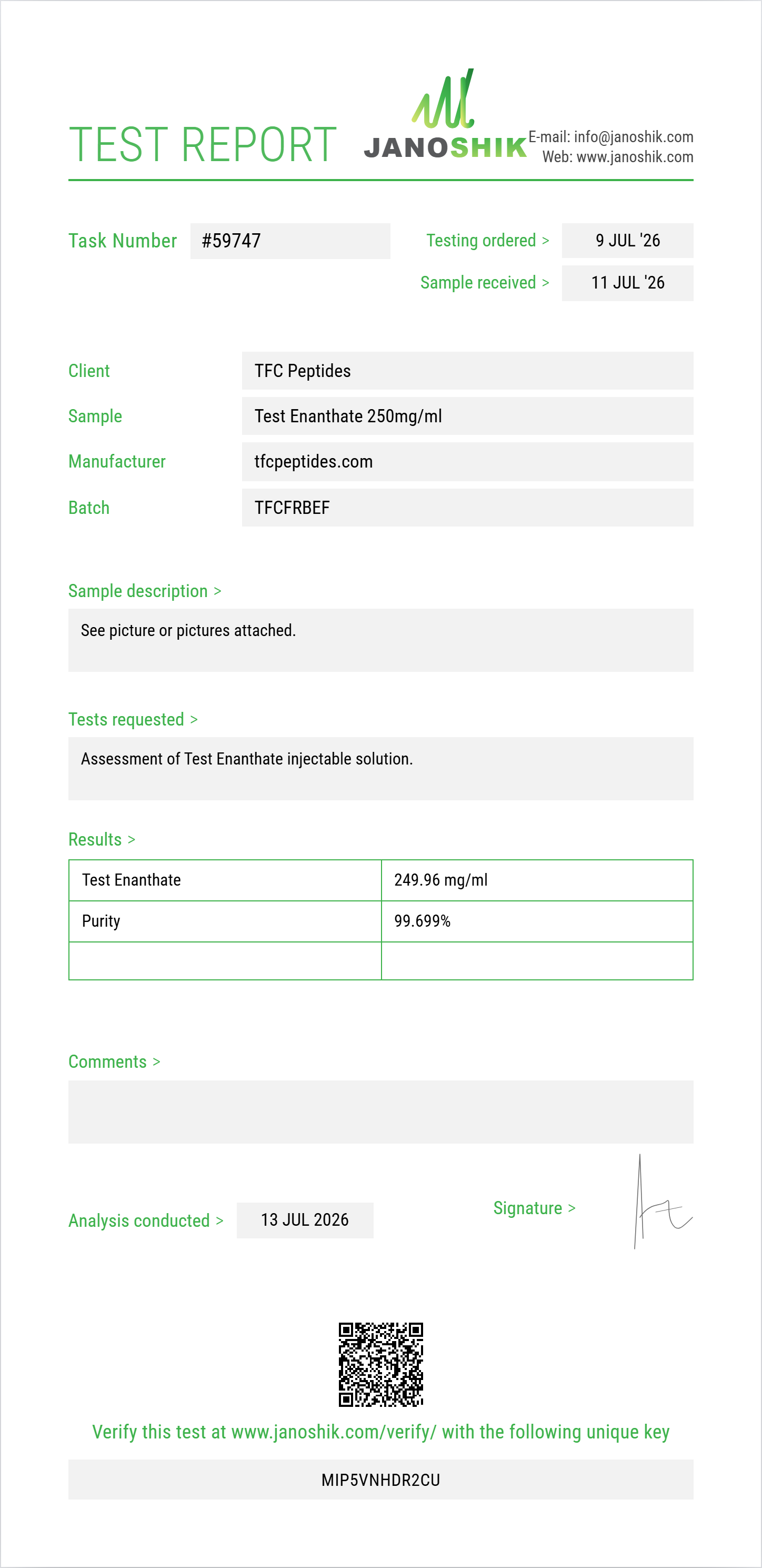 Test Enanthate Purity (HPLC) report by Janoshik Analytical