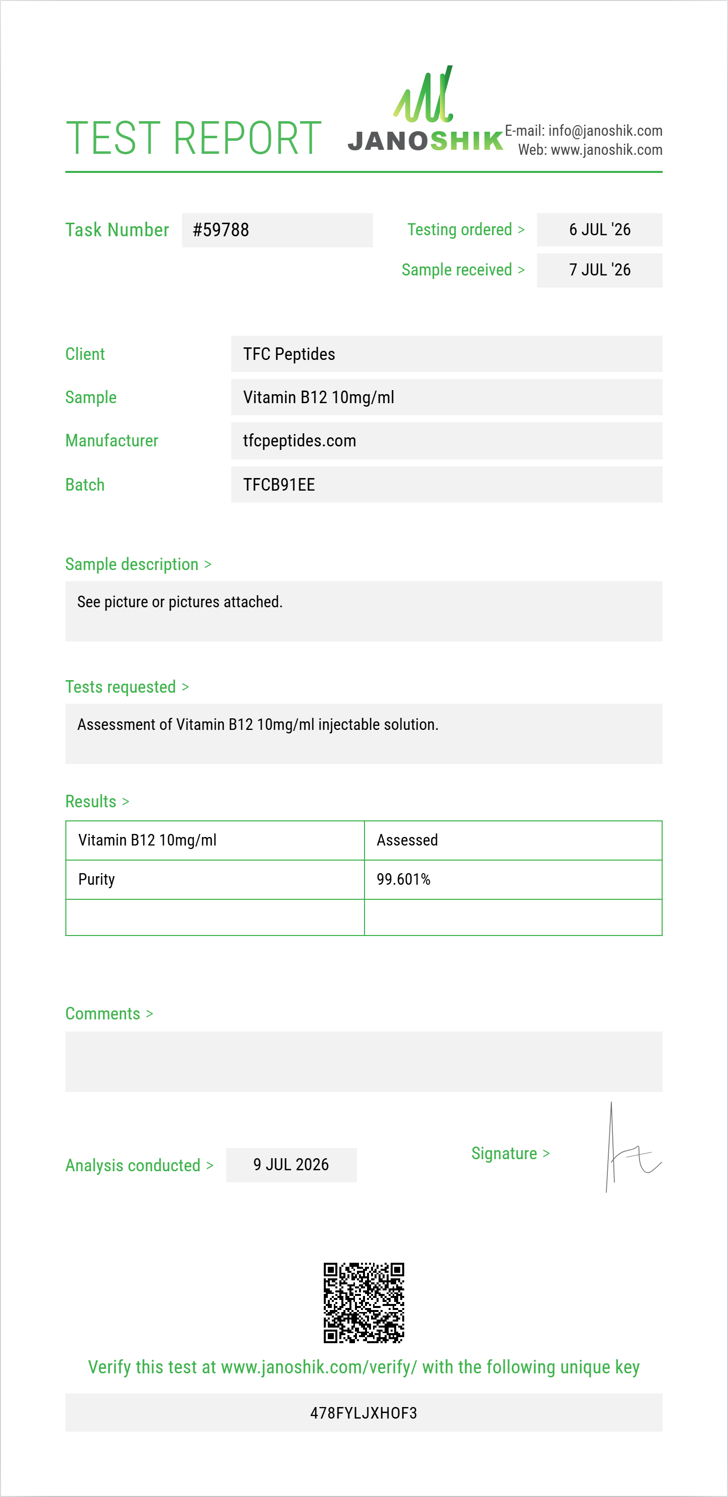 Vitamin B12 10mg/ml Purity (HPLC) report by Janoshik Analytical