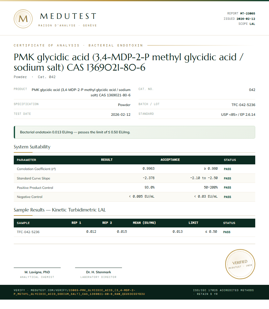 PMK glycidic acid (3,4-MDP-2-P methyl glycidic acid / sodium salt) CAS 1369021-80-6 Endotoxin report by Medutest