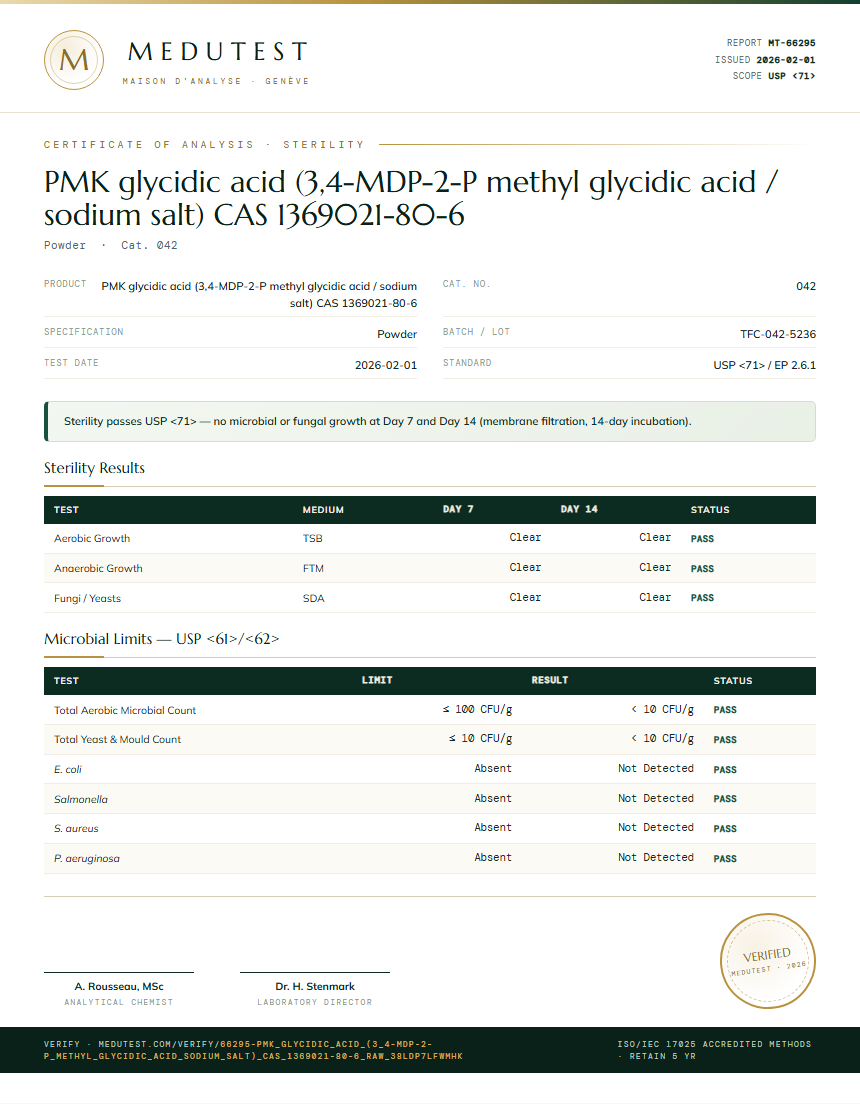 PMK glycidic acid (3,4-MDP-2-P methyl glycidic acid / sodium salt) CAS 1369021-80-6 Sterility report by Medutest