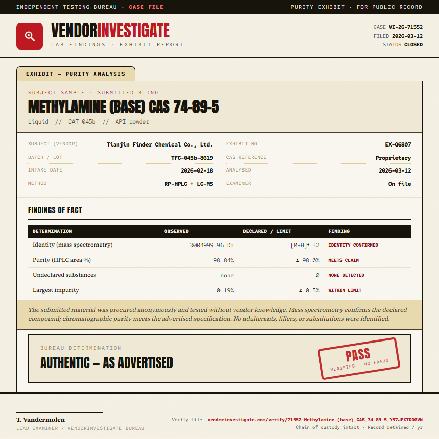 Methylamine (base) CAS 74-89-5 Purity (HPLC) report by VendorInvestigate
