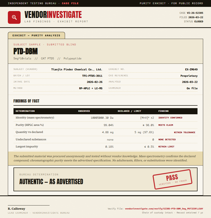 PTD-DBM Purity (HPLC) report by VendorInvestigate