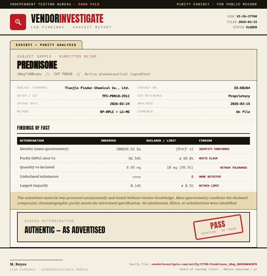 Prednisone Purity (HPLC) report by VendorInvestigate